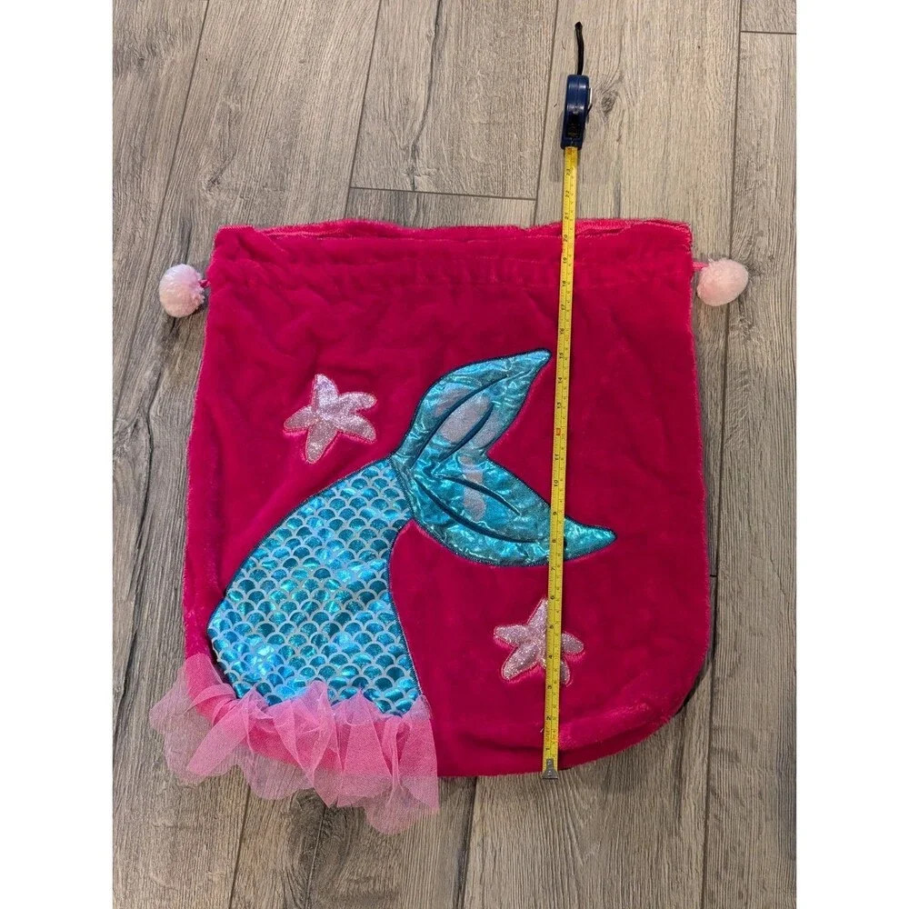 Pink Velour XL DrawstringGift Bag w/Turquoise Satin Mermaid Applique -19W x 22L